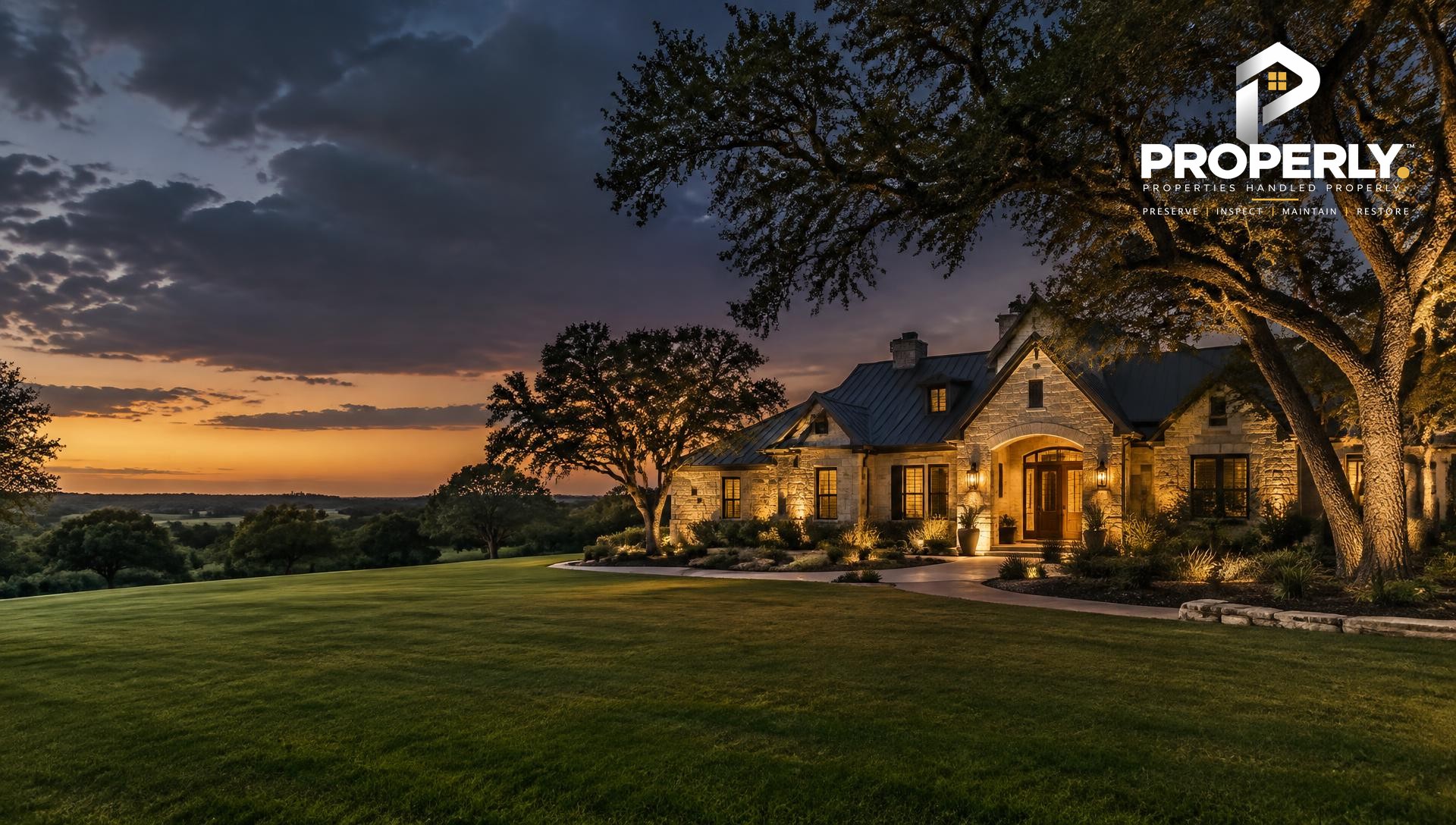 Traditional Texas limestone home at dusk